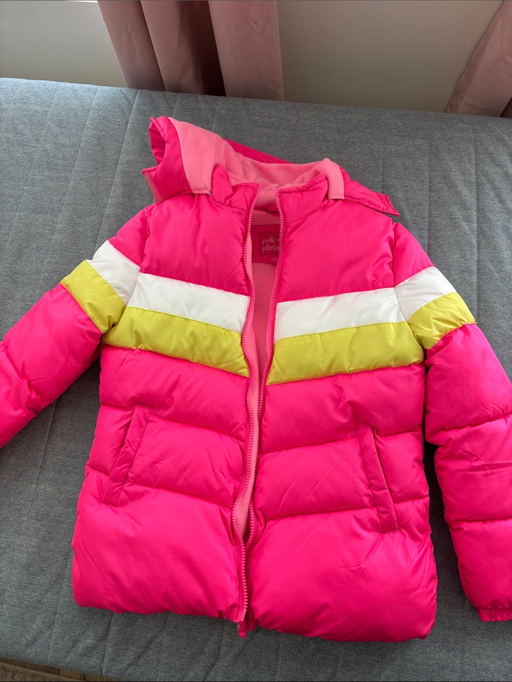 Pink Platinum Hot Pink Colorblock Puffer Jacket with Hood